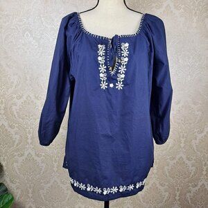 Cupid's Diary Size Large Navy Blue Cotton Blouse White Embroidery 3/4 Sleeves